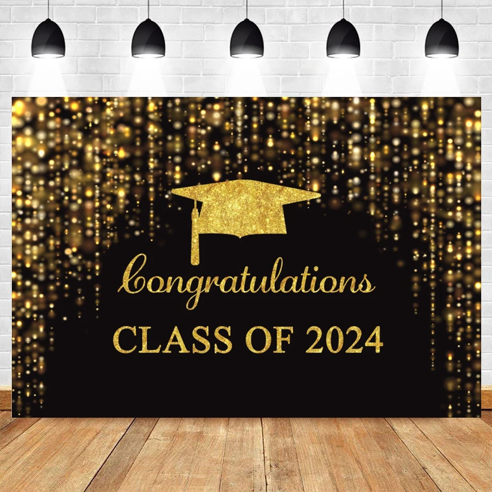 2024 Graduation Party Backdrop Photography Congratulation Graduates Black Gold Glitter Balloons Bachelor Caps Photo Background