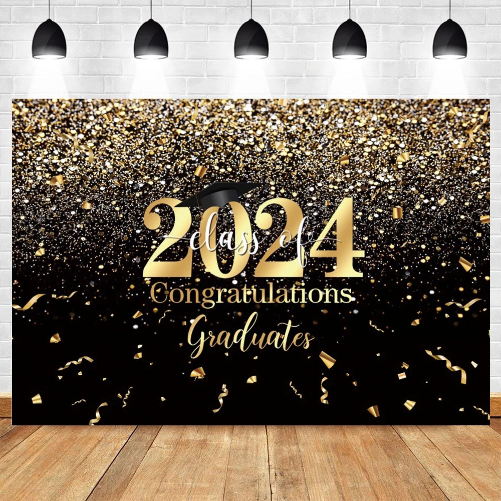 2024 Graduation Party Backdrop Photography Congratulation Graduates Black Gold Glitter Balloons Bachelor Caps Photo Background