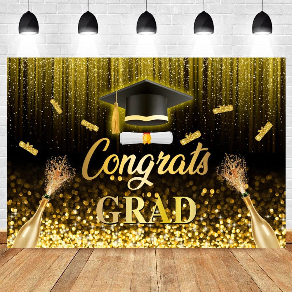 2024 Graduation Party Backdrop Photography Congratulation Graduates Black Gold Glitter Balloons Bachelor Caps Photo Background