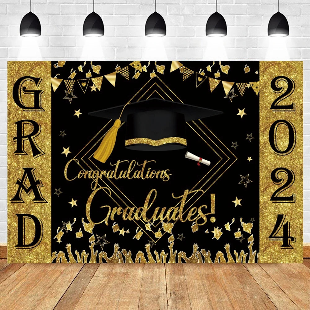 2024 Graduation Party Backdrop Photography Congratulation Graduates Black Gold Glitter Balloons Bachelor Caps Photo Background