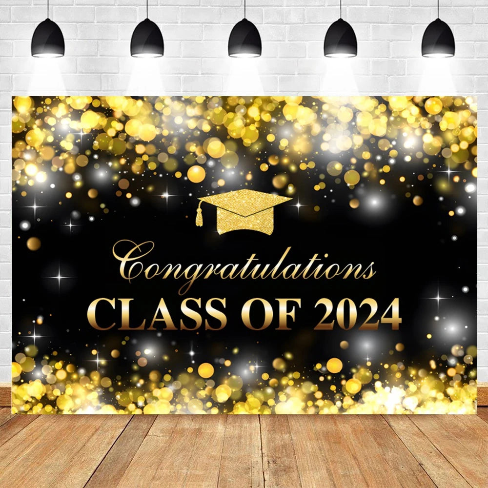 2024 Graduation Party Backdrop Photography Congratulation Graduates Black Gold Glitter Balloons Bachelor Caps Photo Background