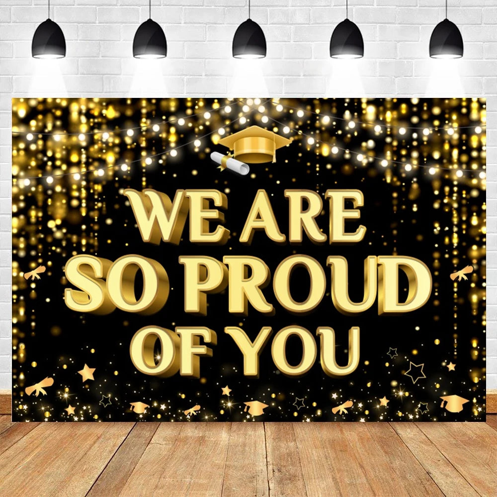 2024 Graduation Party Backdrop Photography Congratulation Graduates Black Gold Glitter Balloons Bachelor Caps Photo Background