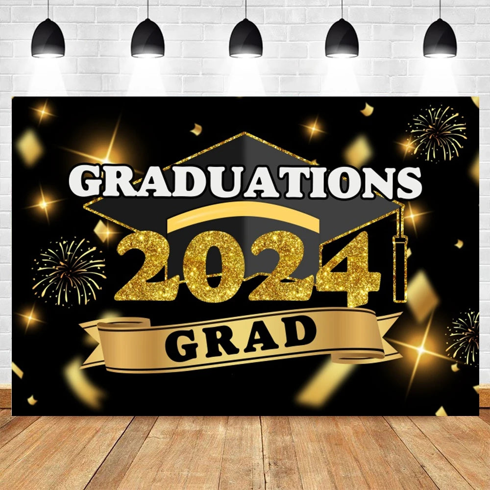 2024 Graduation Party Backdrop Photography Congratulation Graduates Black Gold Glitter Balloons Bachelor Caps Photo Background