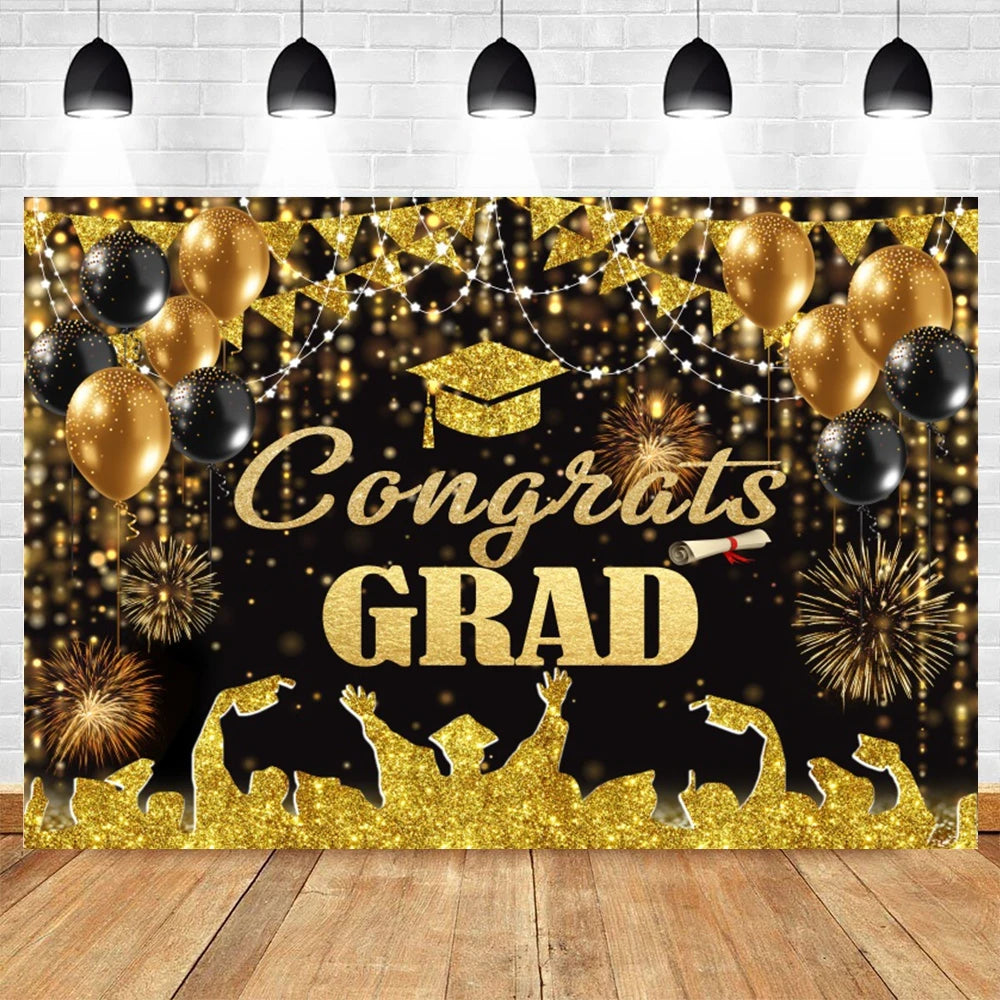 2024 Graduation Party Backdrop Photography Congratulation Graduates Black Gold Glitter Balloons Bachelor Caps Photo Background