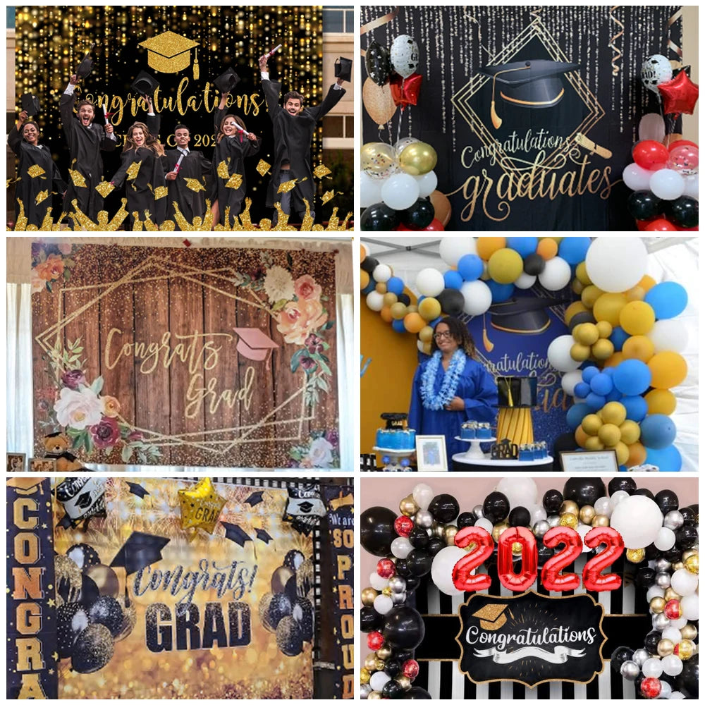 2024 Graduation Party Backdrop Photography Congratulation Graduates Black Gold Glitter Balloons Bachelor Caps Photo Background