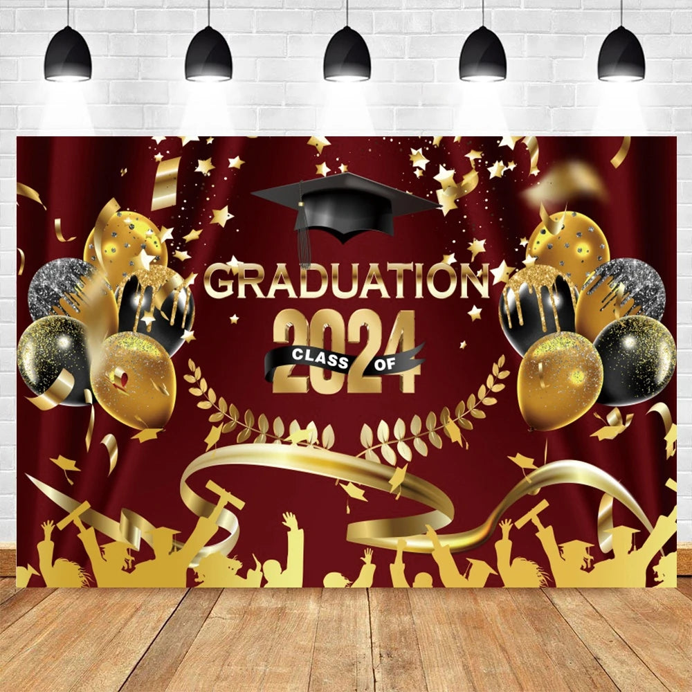 2024 Graduation Party Backdrop Photography Congratulation Graduates Black Gold Glitter Balloons Bachelor Caps Photo Background