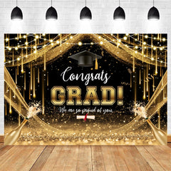 2024 Graduation Party Backdrop Photography Congratulation Graduates Black Gold Glitter Balloons Bachelor Caps Photo Background