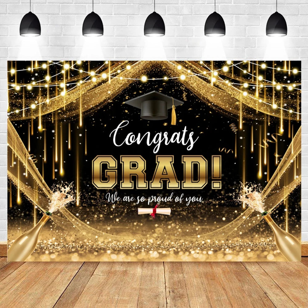 2024 Graduation Party Backdrop Photography Congratulation Graduates Black Gold Glitter Balloons Bachelor Caps Photo Background