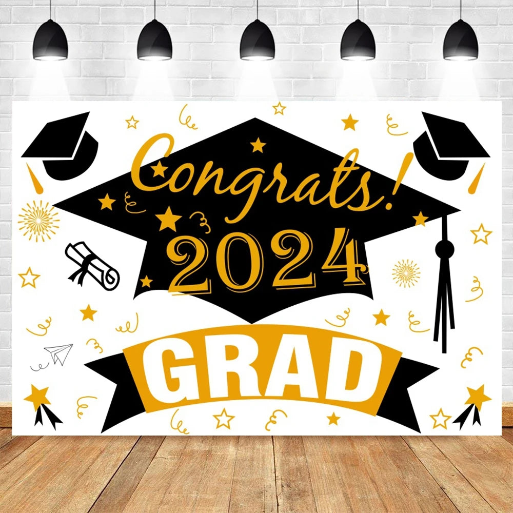 2024 Graduation Party Backdrop Photography Congratulation Graduates Black Gold Glitter Balloons Bachelor Caps Photo Background