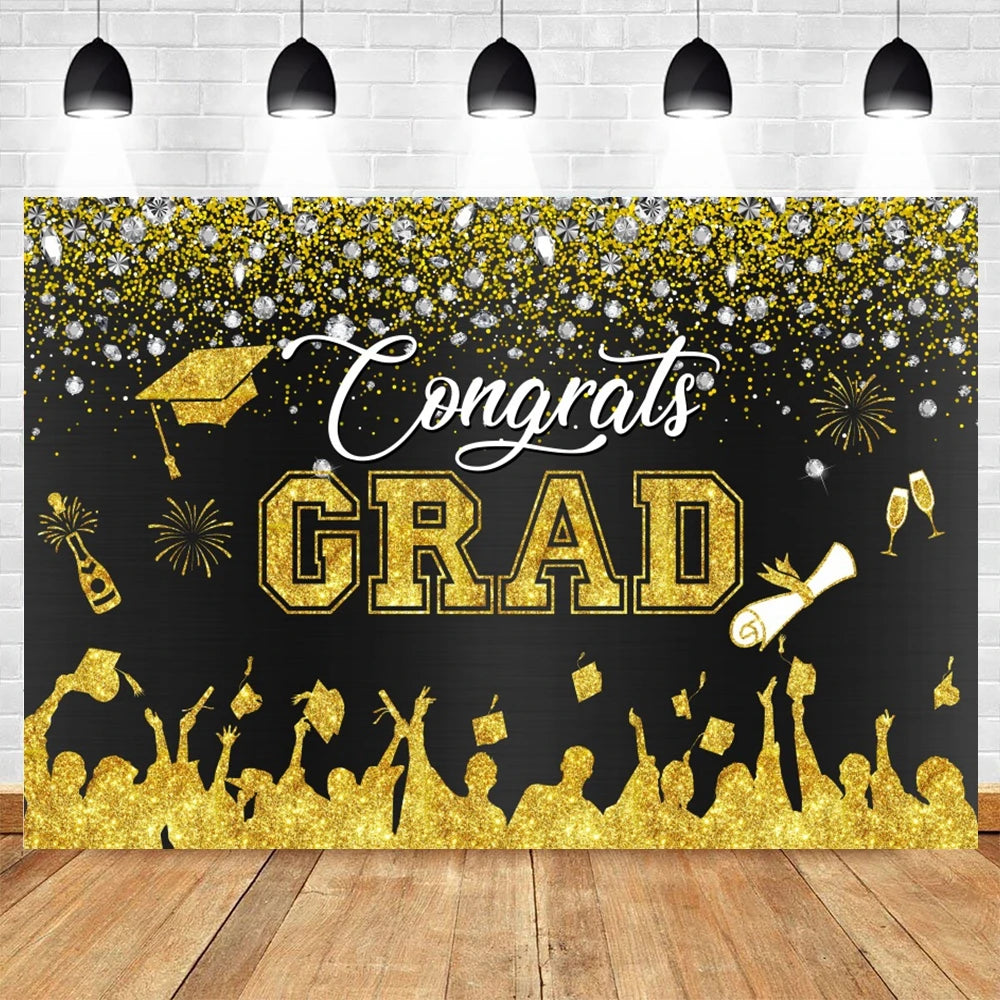 2024 Graduation Party Backdrop Photography Congratulation Graduates Black Gold Glitter Balloons Bachelor Caps Photo Background