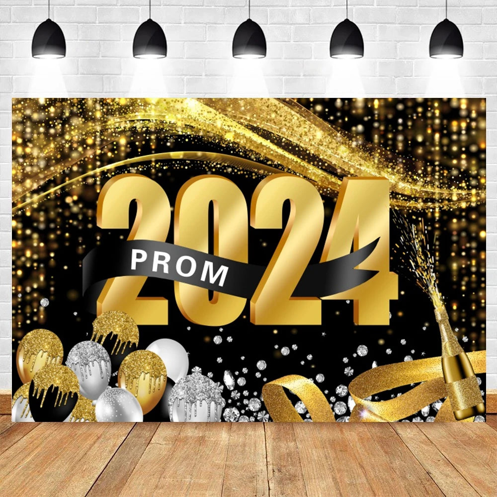 2024 Graduation Party Backdrop Photography Congratulation Graduates Black Gold Glitter Balloons Bachelor Caps Photo Background