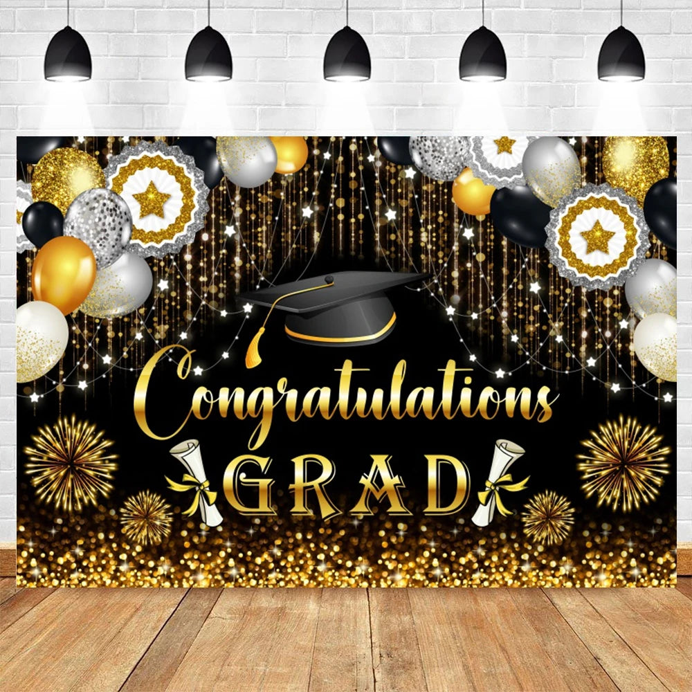 2024 Graduation Party Backdrop Photography Congratulation Graduates Black Gold Glitter Balloons Bachelor Caps Photo Background