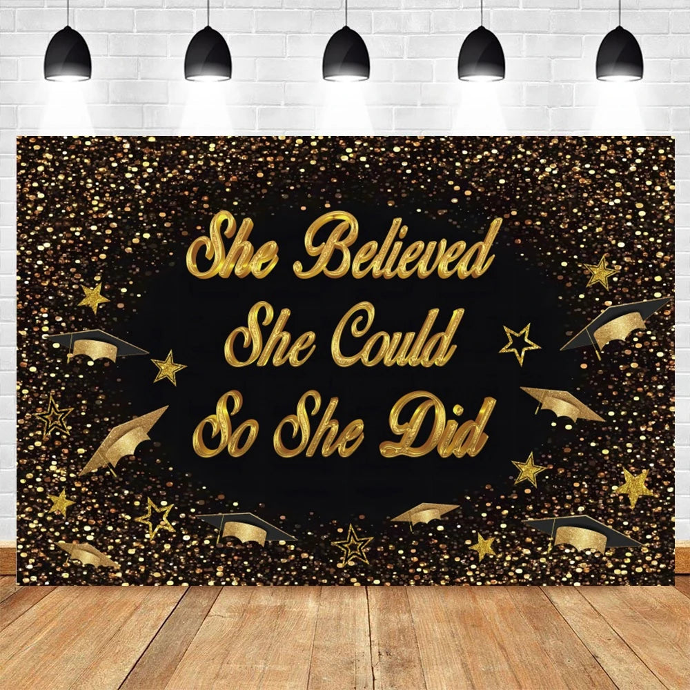 2024 Graduation Party Backdrop Photography Congratulation Graduates Black Gold Glitter Balloons Bachelor Caps Photo Background