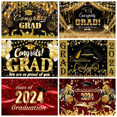 2024 Graduation Party Backdrop Photography Congratulation Graduates Black Gold Glitter Balloons Bachelor Caps Photo Background