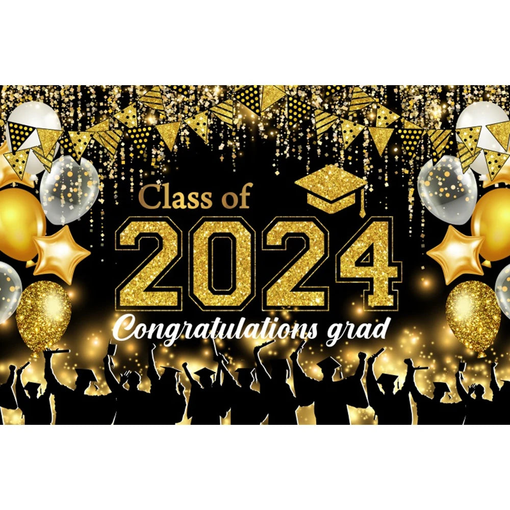 2024 Graduation Photography Backdrop Gold Glitter Congrat Grad Class of 2024 Prom Congratulate Graduates Photo Background Decor