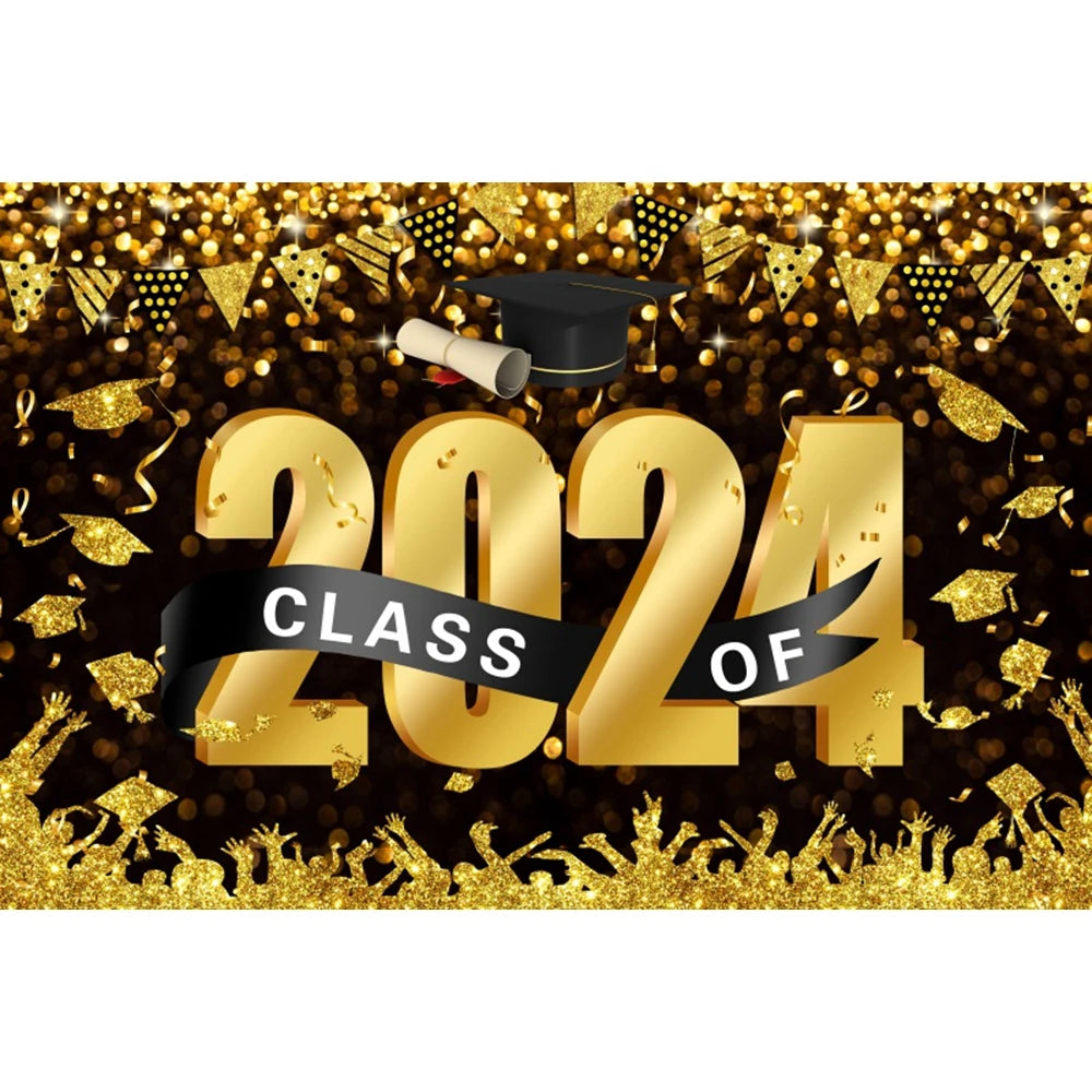 2024 Graduation Photography Backdrop Gold Glitter Congrat Grad Class of 2024 Prom Congratulate Graduates Photo Background Decor