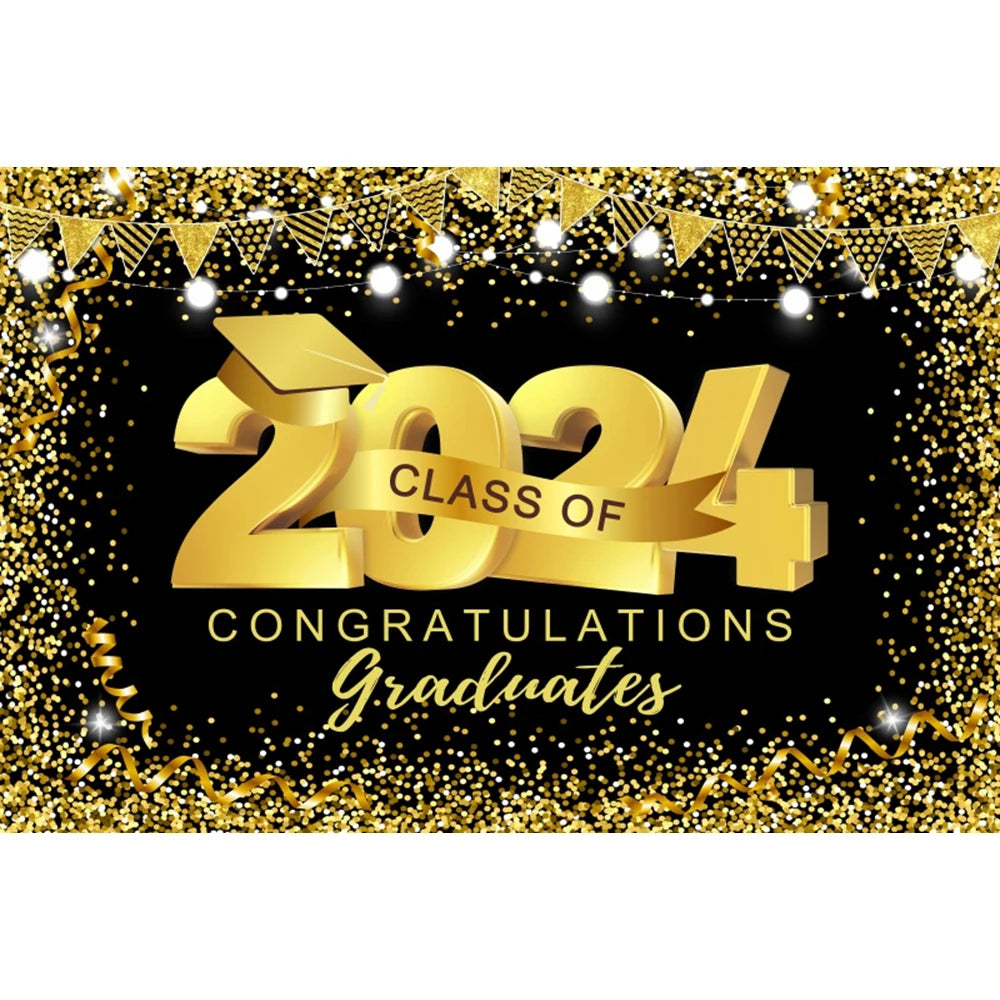 2024 Graduation Photography Backdrop Gold Glitter Congrat Grad Class of 2024 Prom Congratulate Graduates Photo Background Decor