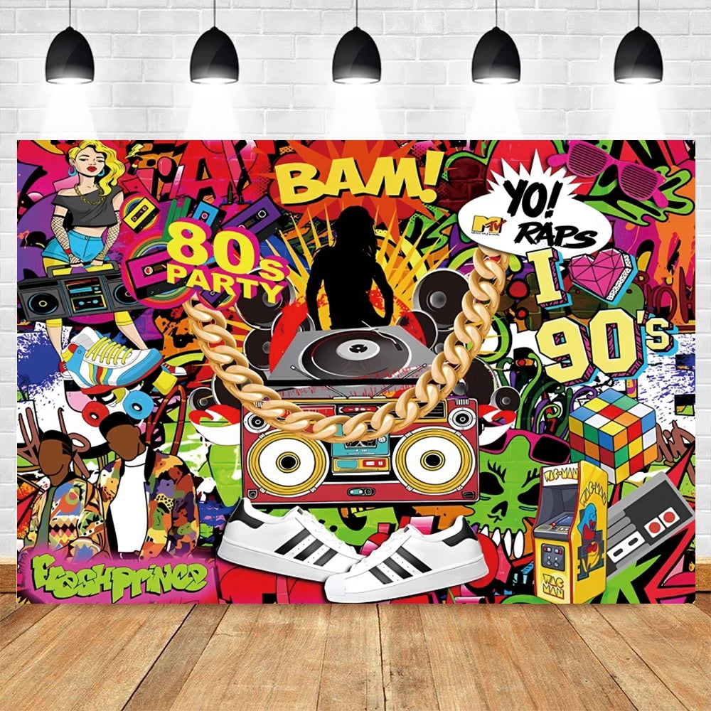 80's 90's Disco Music Hip Hop Birthday Party Backdrop Graffiti Neon Glow Adult Baby Photography Background Decor Photo Studio