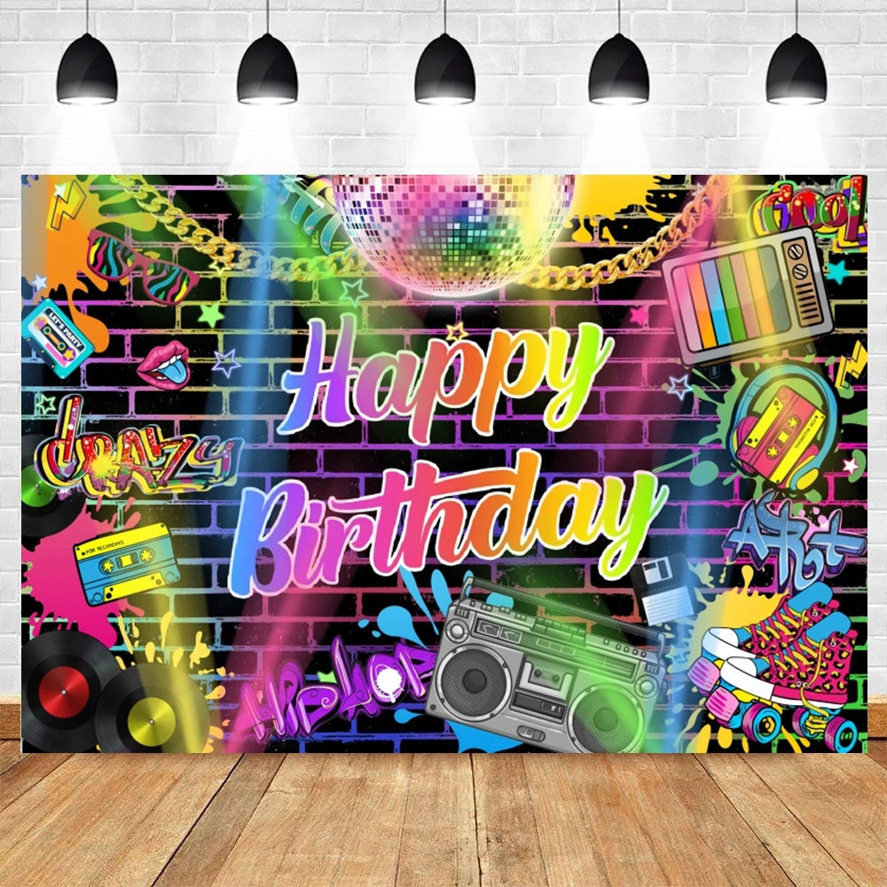 80's 90's Disco Music Hip Hop Birthday Party Backdrop Graffiti Neon Glow Adult Baby Photography Background Decor Photo Studio